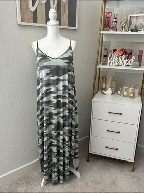 Maurices Gray (with a green hue) Camo Maxi Slip Dress with Thin Straps
